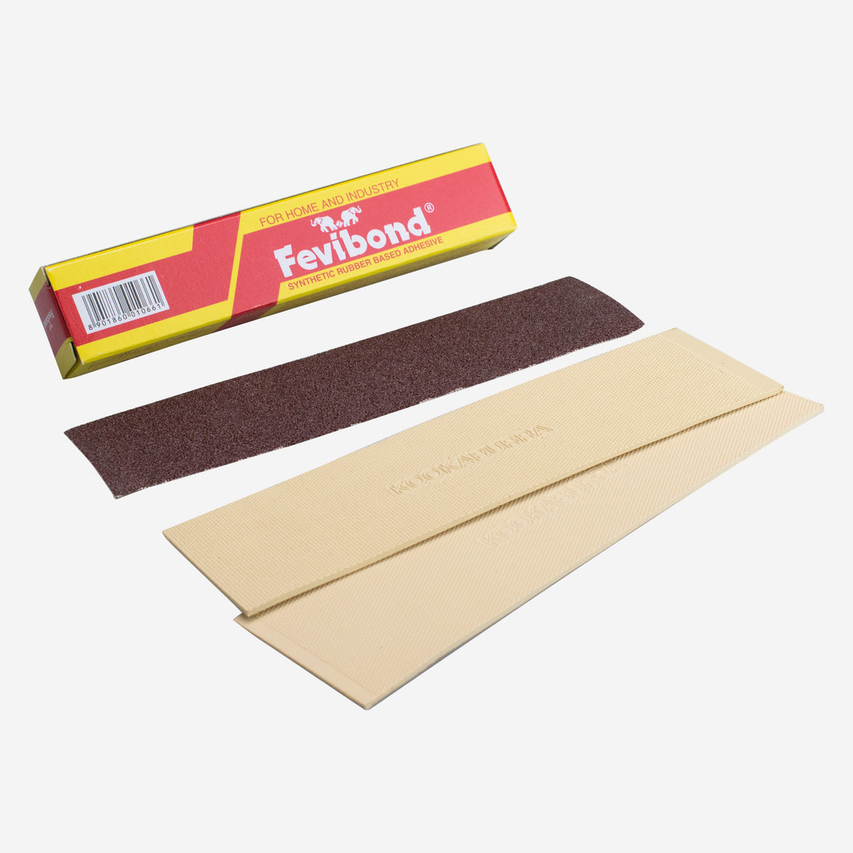 A Hunts County Kookaburra Toe Guard Protector Kit, with Fevibond adhesive, sandpaper strip, and two sheets of textured material, is displayed on a white background.
