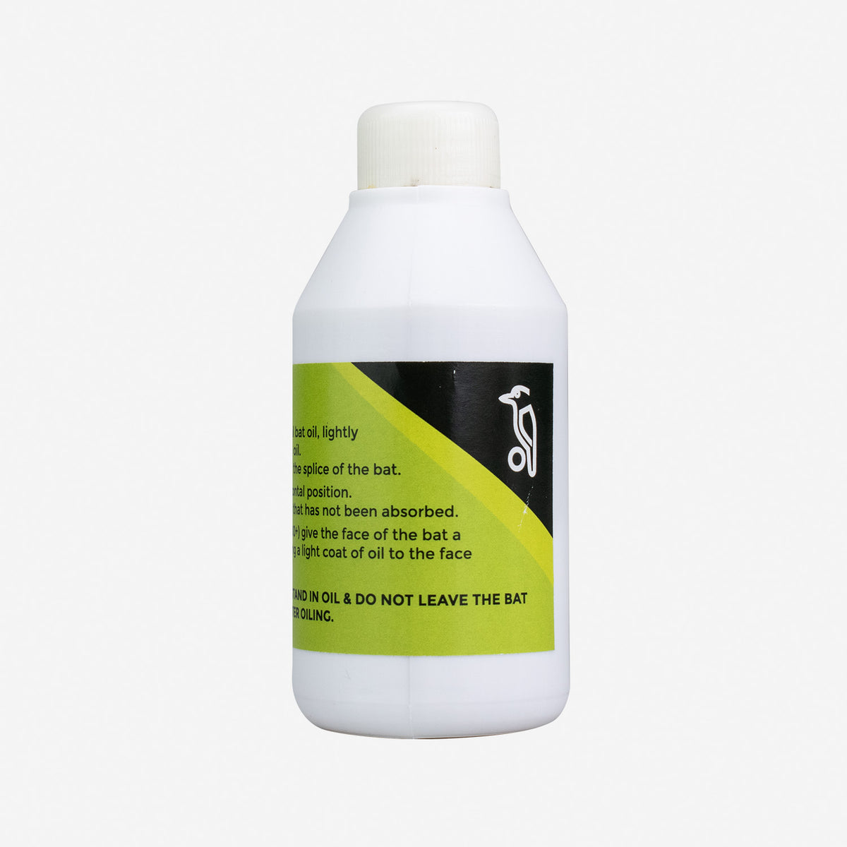 A white plastic bottle with a white cap and a green-yellow label, Kookaburra Bat Oil by Kookaburra is linseed oil for cricket bat preparation. The label includes usage instructions and a small cricket bat graphic.