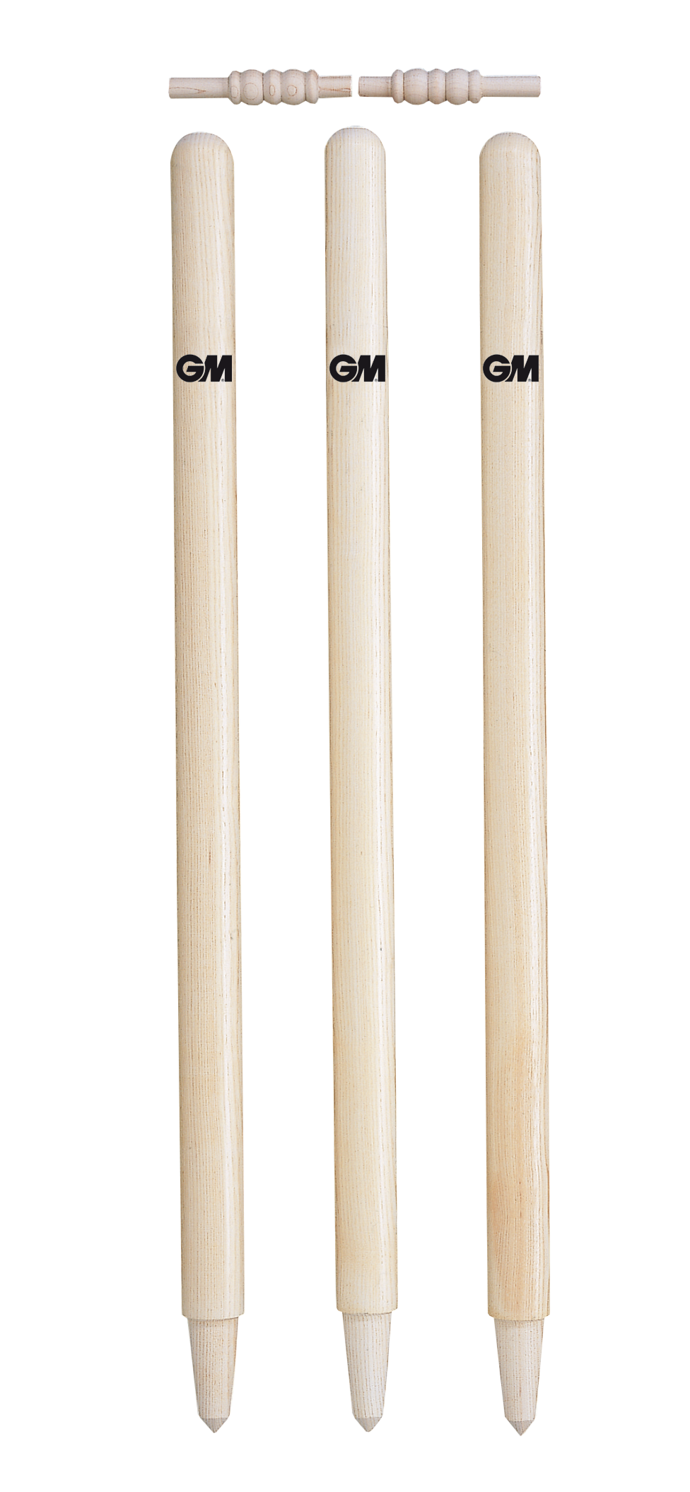 The Gunn & Moore County Mens Stumps feature three match-quality wooden stumps with pointed ends and two bails, all branded with the classic Gunn & Moore logo.
