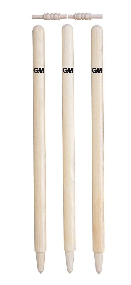 The Gunn & Moore County Mens Stumps feature three match-quality wooden stumps with pointed ends and two bails, all branded with the classic Gunn & Moore logo.