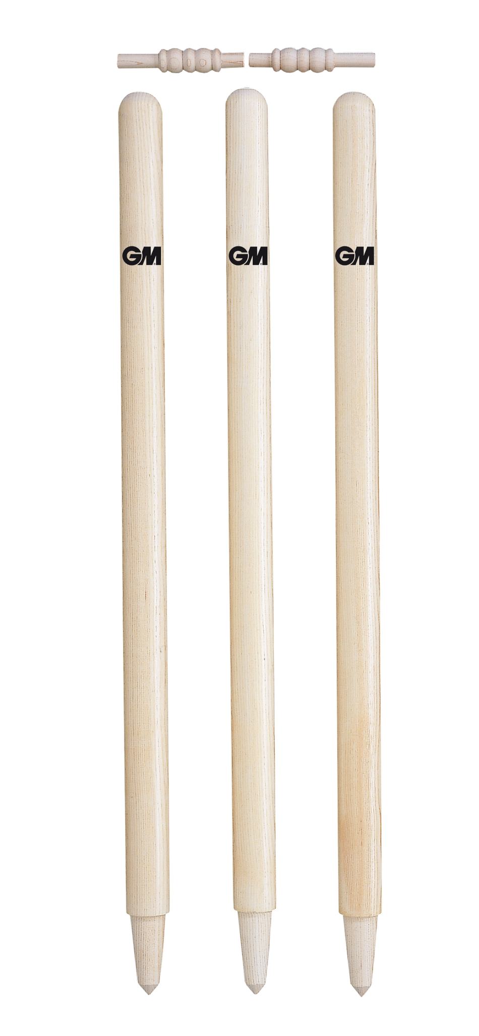 The Gunn & Moore County Mens Stumps feature three match-quality wooden stumps with pointed ends and two bails, all branded with the classic Gunn & Moore logo.