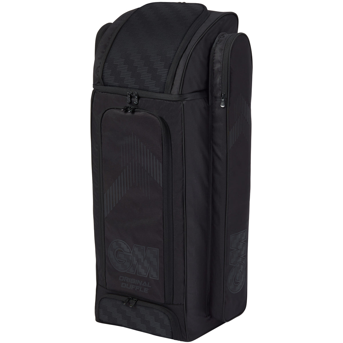 The Gunn & Moore Original Duffle 2026, a large black GM cricket kit bag with multiple zippered compartments for optimal storage, stands upright against a white background.