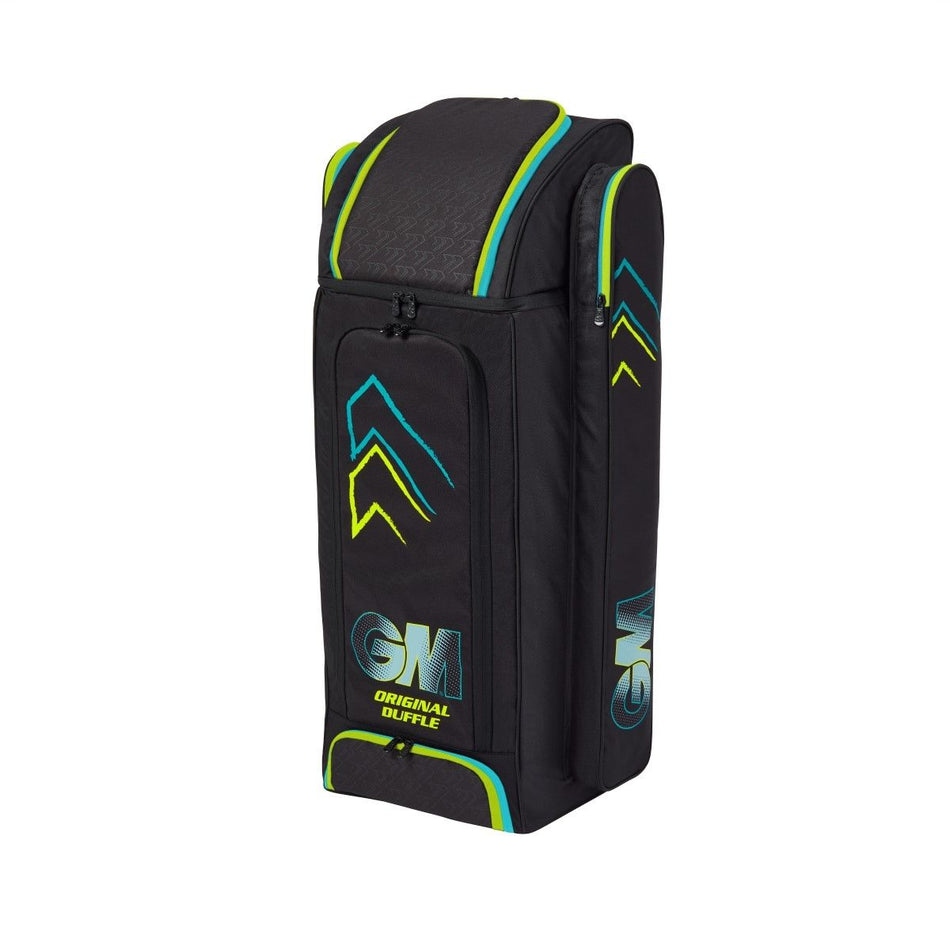The Gunn & Moore Original Duffle 2025 is a durable 600D polyester bag with teal, yellow, and green accents, top handle, side pockets, bat pocket, and bold Gunn & Moore branding on the front and side.