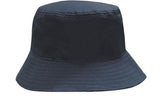 The Martin Berrill Sports Breathable Bucket Hat in navy features durable polyester twill, a wide downward-sloping brim, and simple stitching. Displayed on a white background, this stylish bucket hat is also customizable.