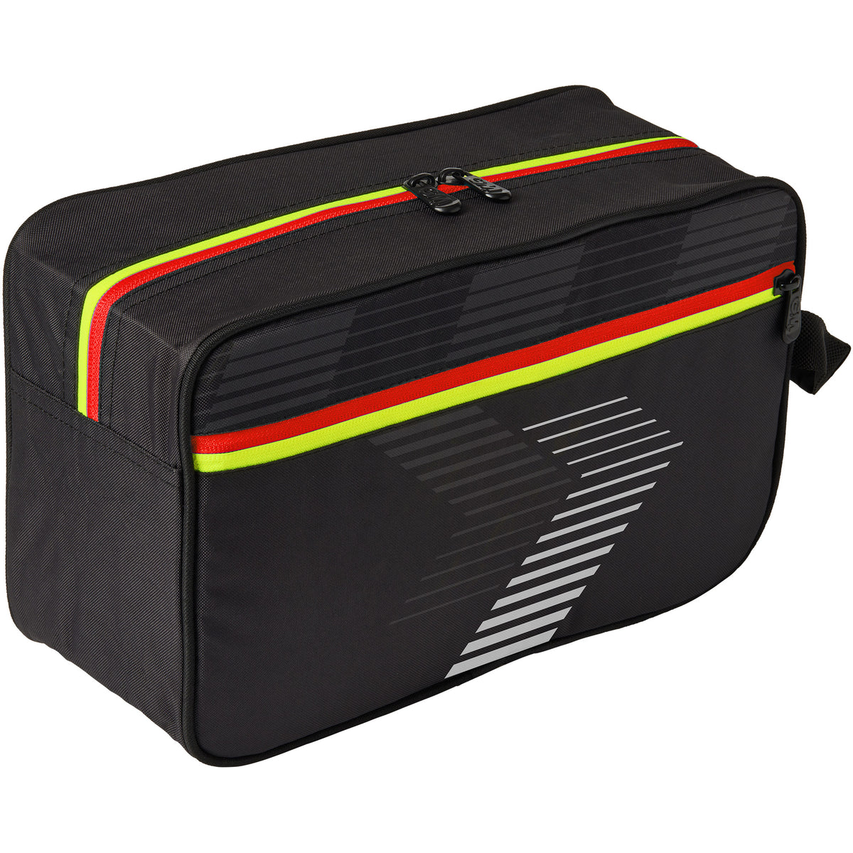 The Gunn & Moore Boot Bag 2026 is a black rectangular polyester cricket shoe bag with diagonal stripes, red and yellow-green accents near the zipper, a handy end handle, and durable zip closure—ideal for carrying your gear.