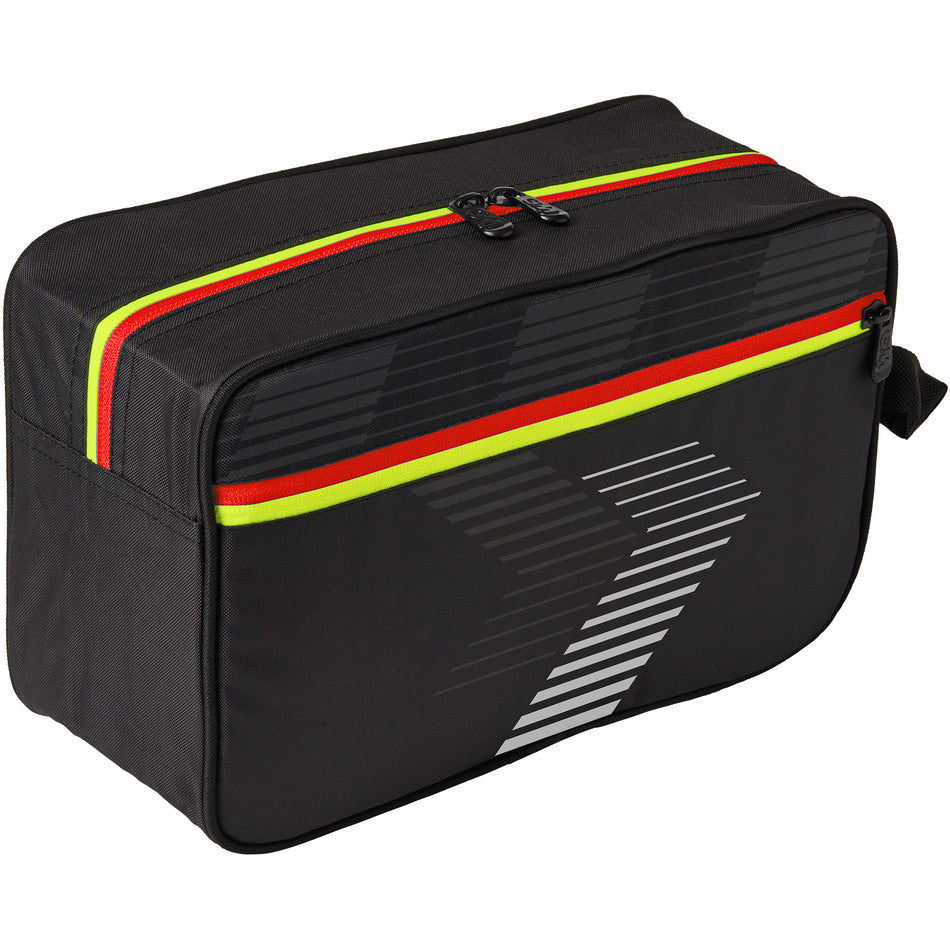 The Gunn & Moore Boot Bag 2026 is a black rectangular polyester cricket shoe bag with diagonal stripes, red and yellow-green accents near the zipper, a handy end handle, and durable zip closure—ideal for carrying your gear.