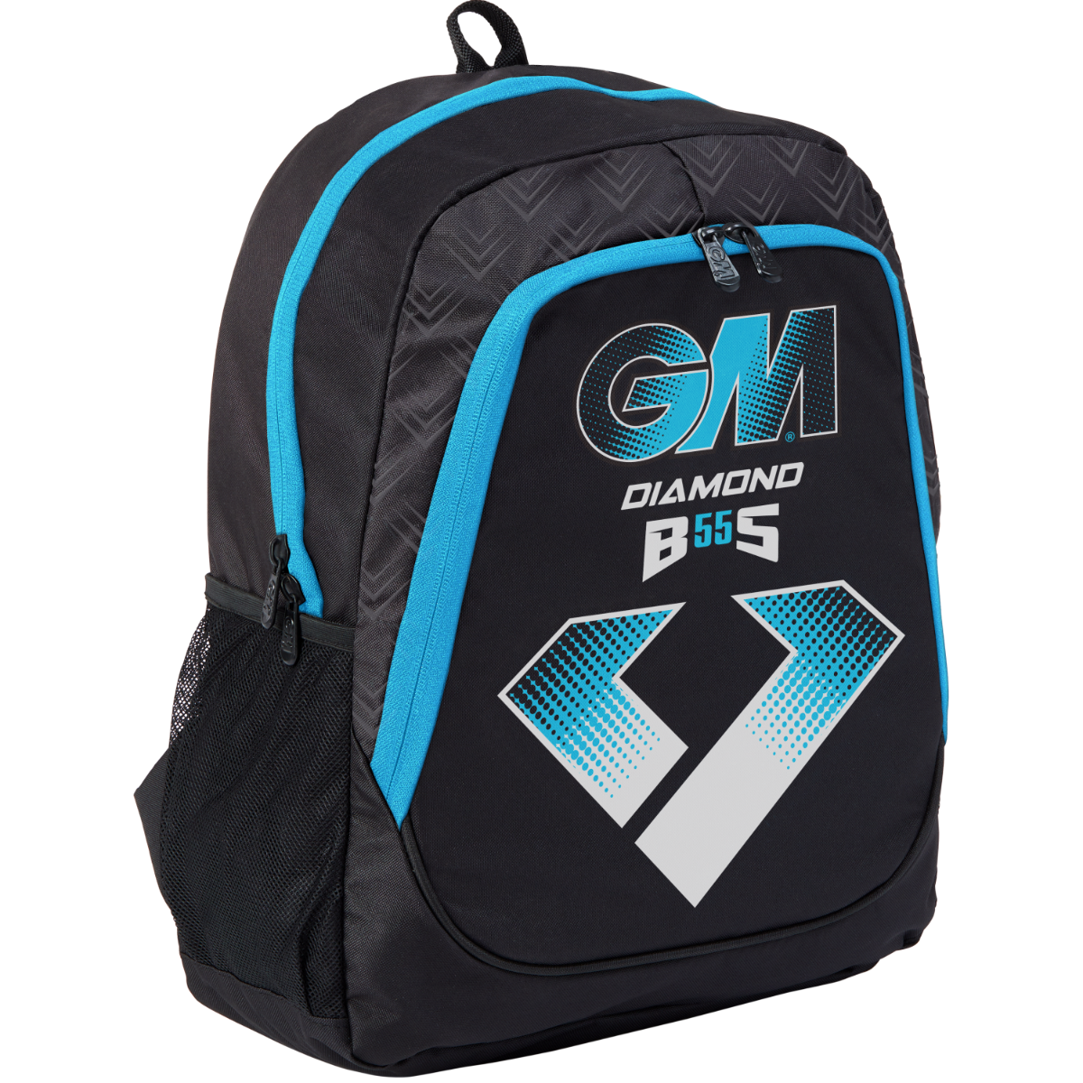 The Gunn & Moore Diamond Rucksack 2025 is a 25L black backpack with blue accents, made from durable 600D polyester. It features the GM Diamond B555 logo, geometric front design, front zip pocket, side mesh pocket, and adjustable shoulder straps.