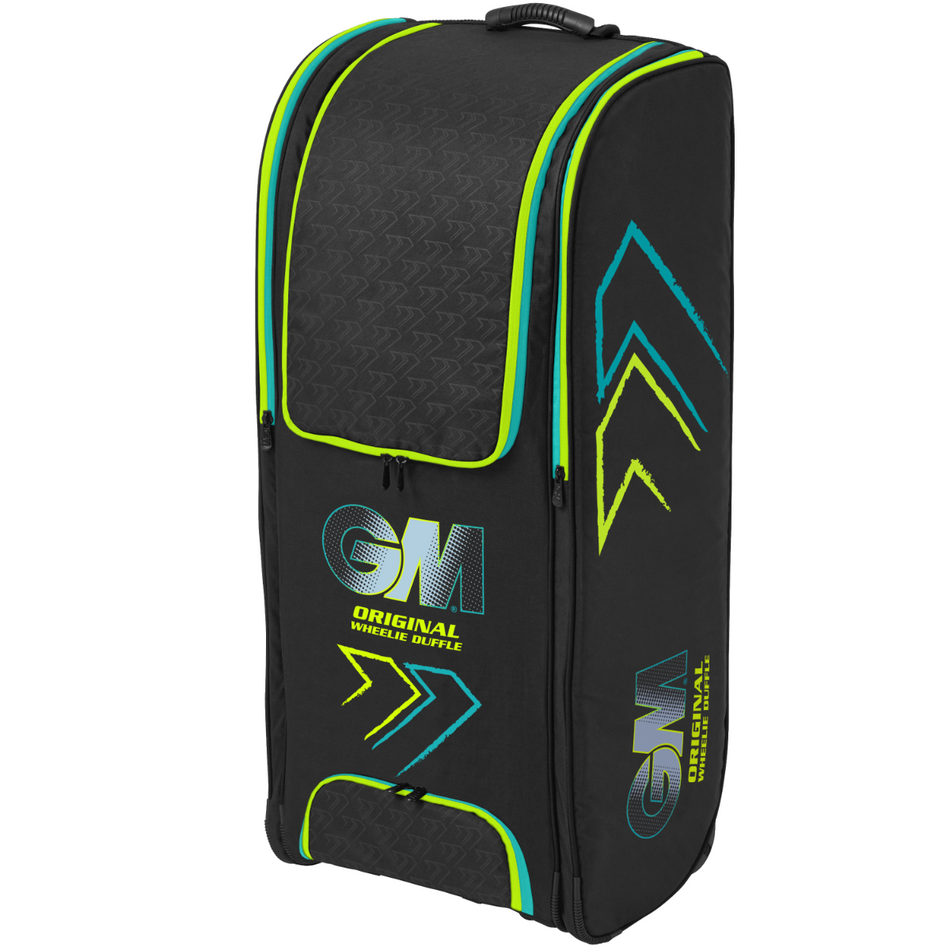 The Gunn & Moore Original Wheelie Duffle 2025 is a large black cricket kit bag with neon blue/yellow accents, chevron patterns, all-terrain wheels, heavy-duty protection, GM branding on front/side, and a sturdy top handle.