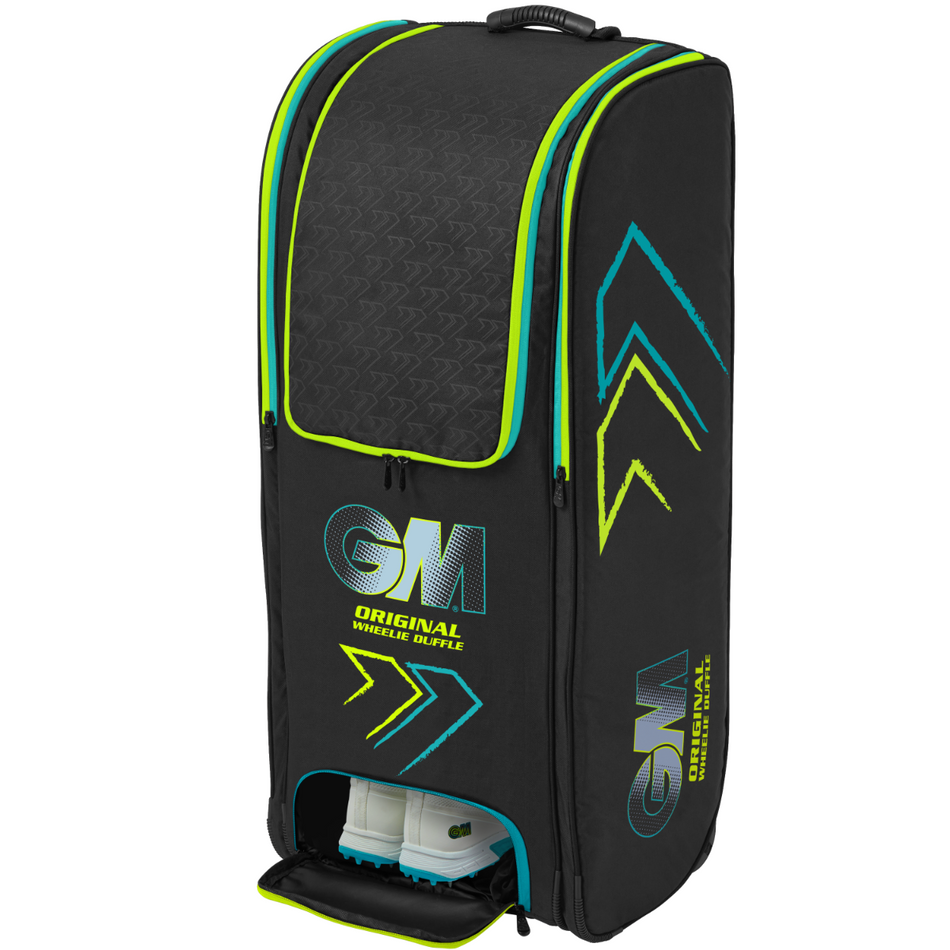 The Gunn & Moore Original Wheelie Duffle 2025 is a tall black cricket kit bag with neon green and blue accents, all-terrain wheels, a large zippered front, and a partially open lower compartment showing white shoes inside.