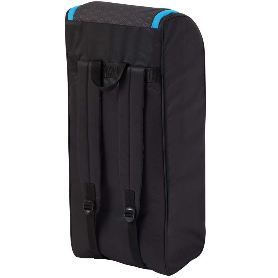 The Gunn & Moore Diamond Duffle 2025 by Gunn & Moore is a black rectangular polyester backpack with two shoulder straps, a side handle, and a gray top panel with blue corners. It stands upright on its shorter edge.
