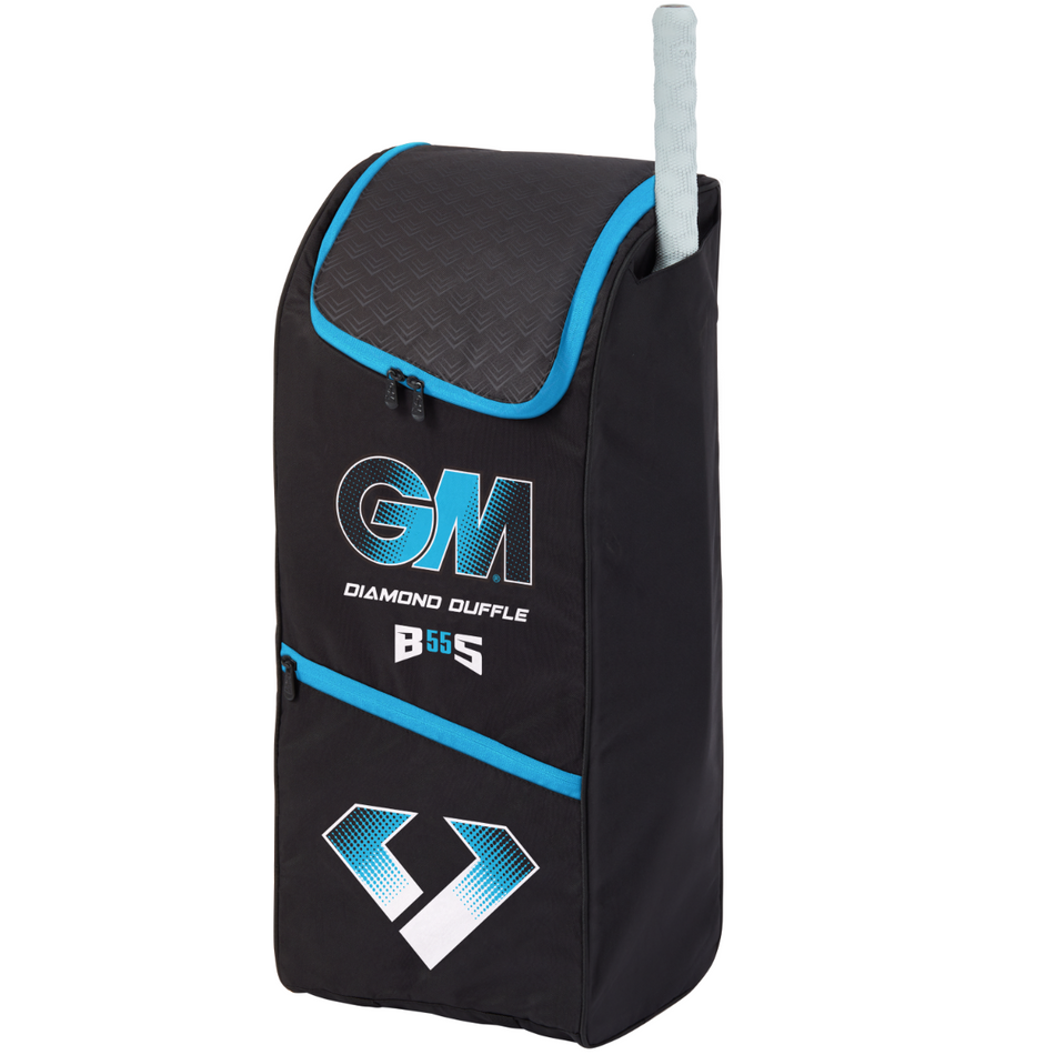 A black and blue Gunn & Moore Diamond Duffle 2025 cricket kit bag, crafted from durable polyester, features a zippered top flap and a cricket bat with a white handle partially visible inside.