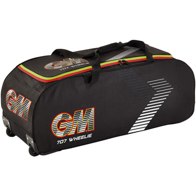 The Gunn & Moore 707 Wheelie 2026 is a large black cricket bag featuring colorful stripes, grab handles, and all-terrain wheels for easy transport. Built by Gunn & Moore with durable construction for long-lasting performance.