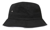 The Martin Berrill Sports Brushed Sports Twill Bucket Hat in black/white features a wide downward-sloping brim and a small metal eyelet on one side, shown against a white background.