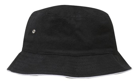 The Martin Berrill Sports Brushed Sports Twill Bucket Hat in black/white features a wide downward-sloping brim and a small metal eyelet on one side, shown against a white background.