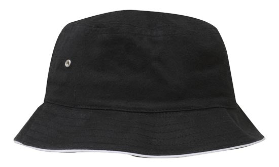 The Martin Berrill Sports Brushed Sports Twill Bucket Hat in black/white features a wide downward-sloping brim and a small metal eyelet on one side, shown against a white background.