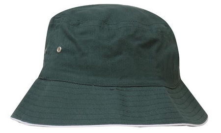 The Martin Berrill Sports Brushed Sports Twill Bucket Hat in bottle/white features a wide brim, small metal eyelet, and space for your custom logo, shown on a white background.