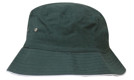 The Martin Berrill Sports Brushed Sports Twill Bucket Hat in bottle/white features a wide brim, small metal eyelet, and space for your custom logo, shown on a white background.