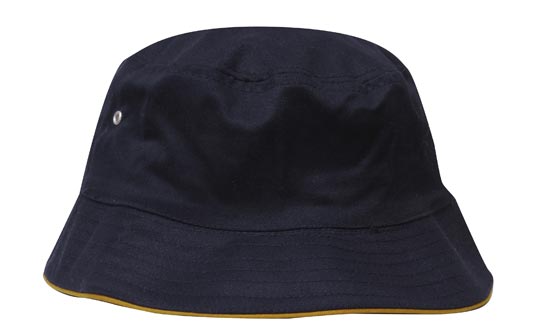 The Martin Berrill Sports Brushed Sports Twill Bucket Hat features a navy color, gold trim, custom logo option, small metal eyelet on the side, and a slightly curved brim. Shown against a white background.