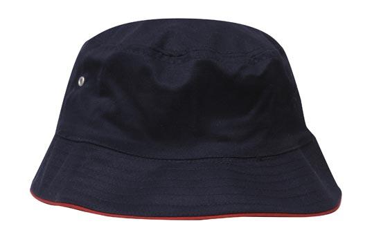 The Brushed Sports Twill Bucket Hat by Martin Berrill Sports in Navy/Red features a wide brim with a thin red trim, brushed polyester construction, side metal eyelet, and offers custom logo options.