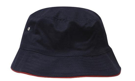 The Brushed Sports Twill Bucket Hat by Martin Berrill Sports in Navy/Red features a wide brim with a thin red trim, brushed polyester construction, side metal eyelet, and offers custom logo options.