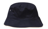 The Brushed Sports Twill Bucket Hat by Martin Berrill Sports, in navy/white, features brushed polyester, a slightly floppy brim, metal side eyelet, and space for a custom logo. Shown against a white background.