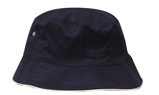 The Brushed Sports Twill Bucket Hat by Martin Berrill Sports, in navy/white, features brushed polyester, a slightly floppy brim, metal side eyelet, and space for a custom logo. Shown against a white background.