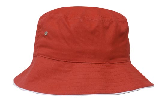 The Martin Berrill Sports Brushed Sports Twill Bucket Hat in red/white features a wide, downward-sloping brim and a small metal eyelet—ideal for custom logos. Shown on a white background.