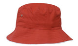 The Martin Berrill Sports Brushed Sports Twill Bucket Hat in red/white features a wide, downward-sloping brim and a small metal eyelet—ideal for custom logos. Shown on a white background.
