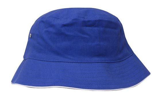The Martin Berrill Sports Brushed Sports Twill Bucket Hat in royal/white features a wide brim and silver ventilation eyelet, shown on a white background. Custom logo options are available.