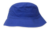 The Martin Berrill Sports Brushed Sports Twill Bucket Hat in royal/white features a wide brim and silver ventilation eyelet, shown on a white background. Custom logo options are available.