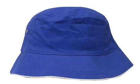The Martin Berrill Sports Brushed Sports Twill Bucket Hat in royal/white features a wide brim and silver ventilation eyelet, shown on a white background. Custom logo options are available.