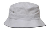 The Martin Berrill Sports Brushed Sports Twill Bucket Hat in White/Navy features a wide, downward-sloping brim and soft brushed polyester, displayed against a white background.