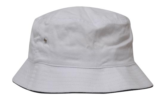 The Martin Berrill Sports Brushed Sports Twill Bucket Hat in White/Navy features a wide, downward-sloping brim and soft brushed polyester, displayed against a white background.