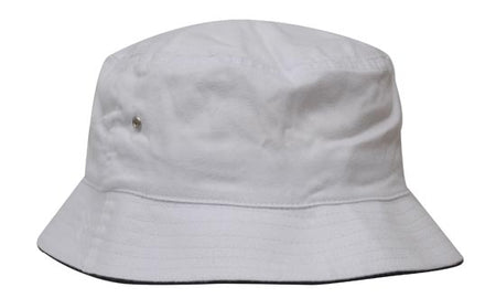 The Martin Berrill Sports Brushed Sports Twill Bucket Hat in White/Navy features a wide, downward-sloping brim and soft brushed polyester, displayed against a white background.