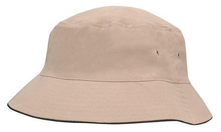 The Martin Berrill Sports Brushed Sports Twill Bucket Hat in Stone/Black features a wide downward brim, side ventilation holes, and offers custom logo options.