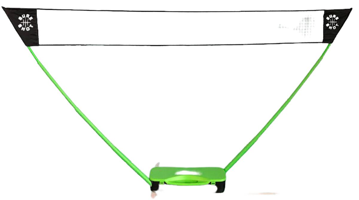 The Sure Shot Quick Fit Post and Net by Sure Shot is a portable badminton net with green poles, black base, white mesh net, and black end panels with white designs—ideal for garden play—shown on a white background.