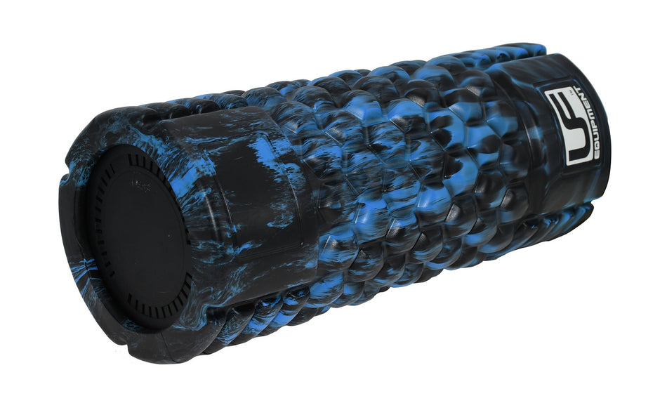 The Urban Fitness Vibrating Foam Roller by Urban Fitness features a blue and black marbled pattern, textured cylindrical design, and logo near one end. It is designed for deep tissue massage and muscle recovery during physical therapy.
