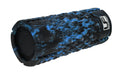 The Urban Fitness Vibrating Foam Roller by Urban Fitness features a blue and black marbled pattern, textured cylindrical design, and logo near one end. It is designed for deep tissue massage and muscle recovery during physical therapy.