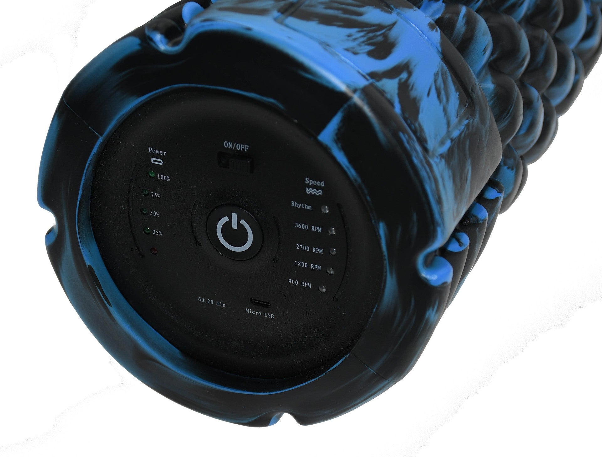Close-up of the Urban Fitness Vibrating Foam Roller control panel, showing power button, battery indicator, speed settings, and on/off switch for deep tissue massage and muscle recovery by Urban Fitness.