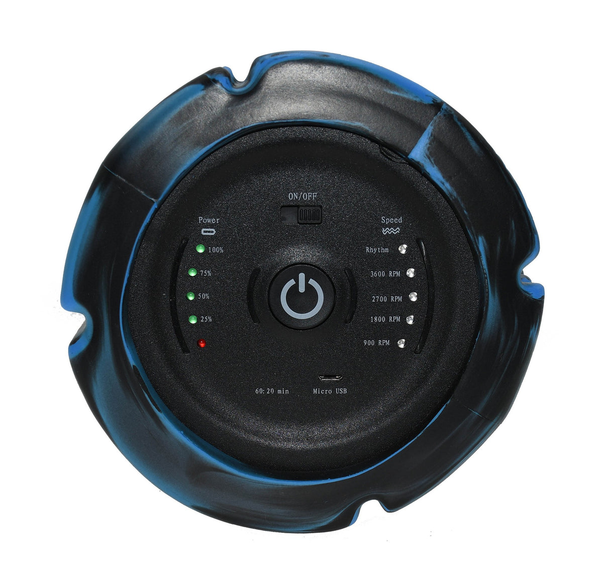 The Urban Fitness Vibrating Foam Roller by Urban Fitness features a black and blue circular design, central power button, LED indicators for battery and speed, and a micro USB port—perfect for muscle recovery and deep tissue massage.