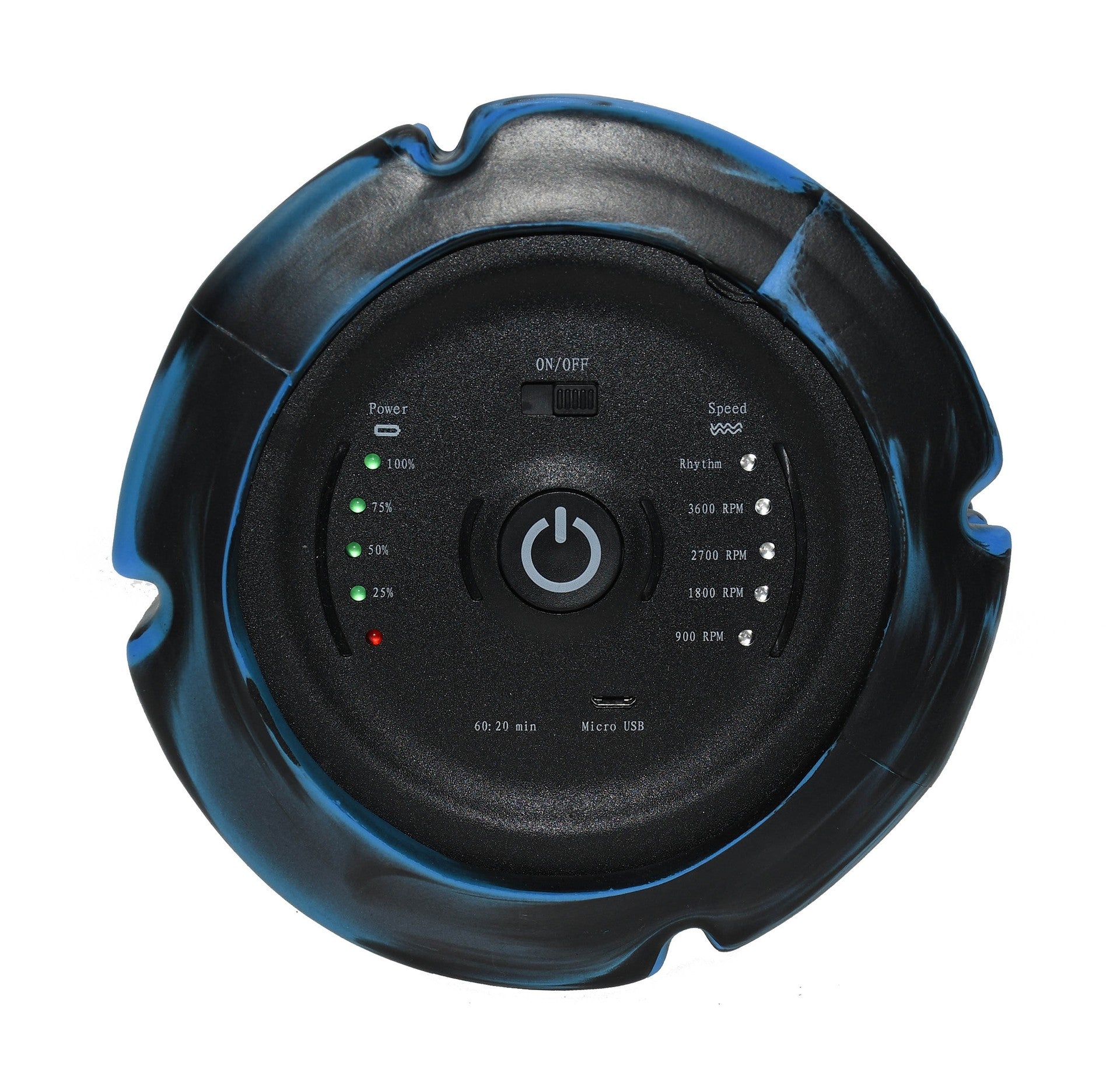 The Urban Fitness Vibrating Foam Roller by Urban Fitness features a black and blue circular design, central power button, LED indicators for battery and speed, and a micro USB port—perfect for muscle recovery and deep tissue massage.