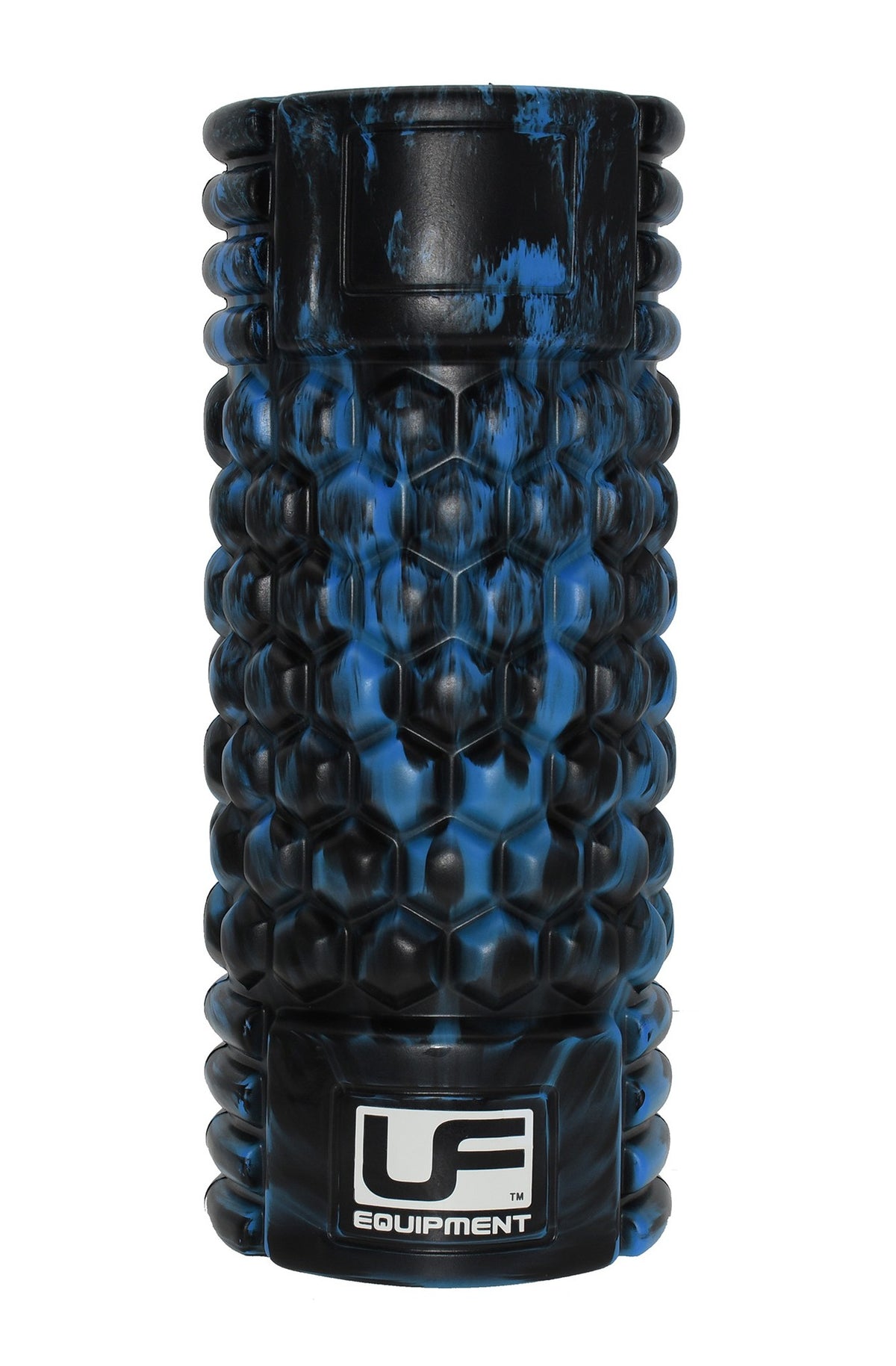 The Urban Fitness Vibrating Foam Roller by Urban Fitness features a black and blue honeycomb texture, upright design, and bold "UF Equipment" label—perfect for deep tissue massage and muscle recovery.