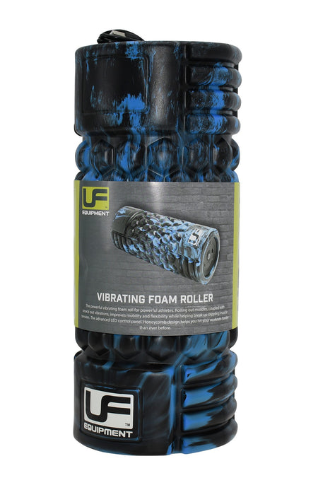 The Urban Fitness Vibrating Foam Roller by Urban Fitness features a blue and black textured design, with a central label showing the logo, product image, and description—ideal for muscle recovery and deep tissue massage.