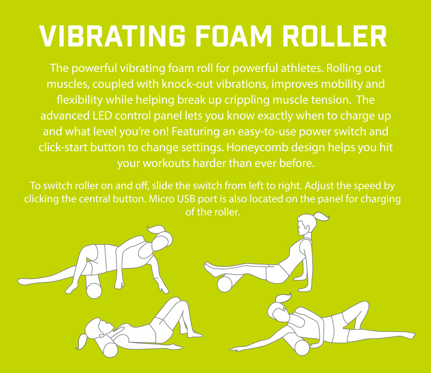 A bright green infographic titled Urban Fitness Vibrating Foam Roller explains its deep tissue massage and muscle recovery benefits, with four white line drawings showing people using the Urban Fitness roller on legs, glutes, and back along with instructions.