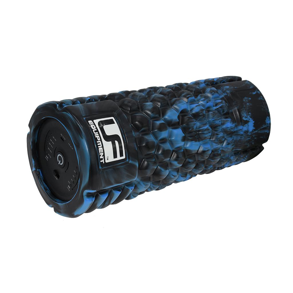 The Urban Fitness Vibrating Foam Roller is a black and blue textured, cylindrical foam roller featuring a power button and logo, designed for deep tissue massage and effective muscle recovery.
