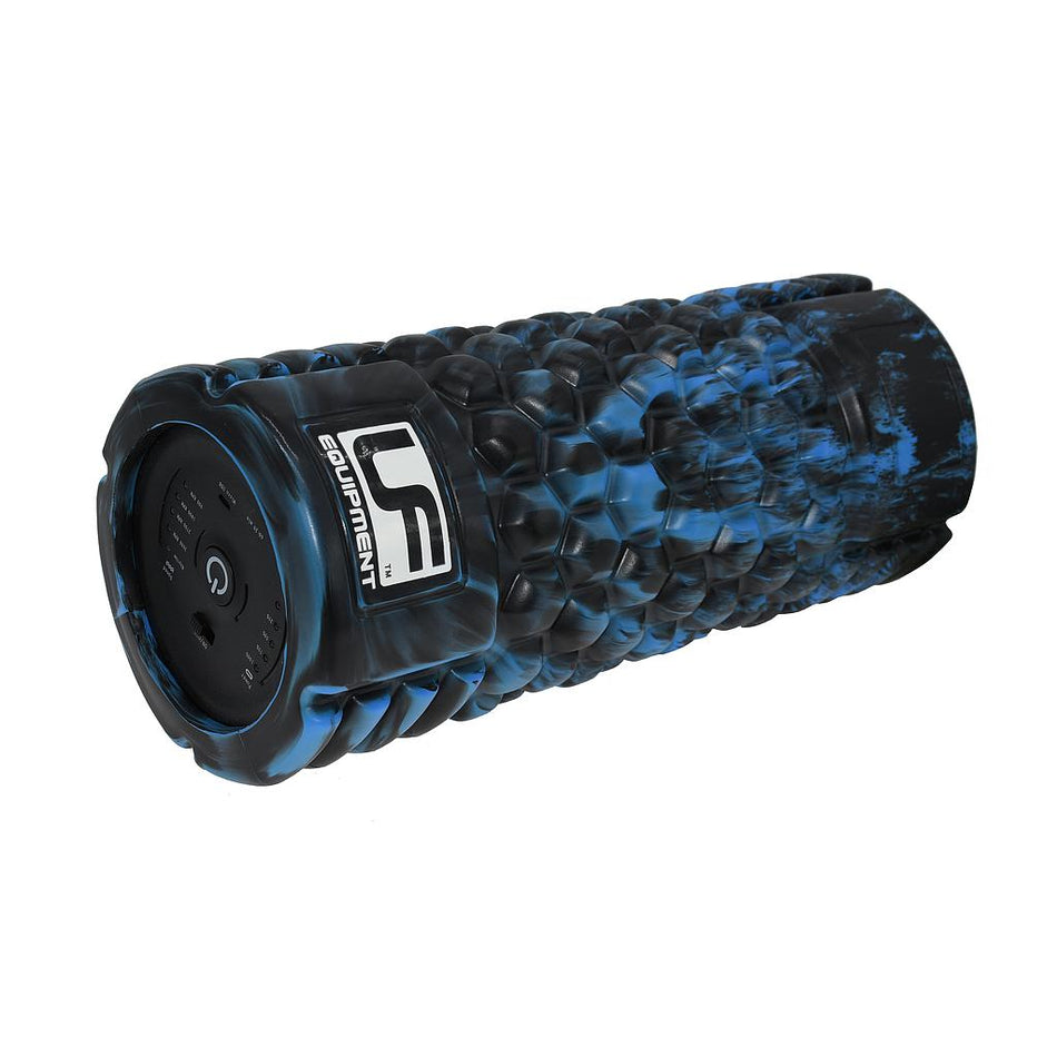 The Urban Fitness Vibrating Foam Roller is a black and blue textured, cylindrical foam roller featuring a power button and logo, designed for deep tissue massage and effective muscle recovery.