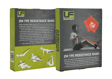 Two green Urban Fitness boxes are shown, each featuring a 2m TPE Resistance Band with product details and exercise illustrations. One box displays a man using the Urban Fitness red band for seated rowing exercises.