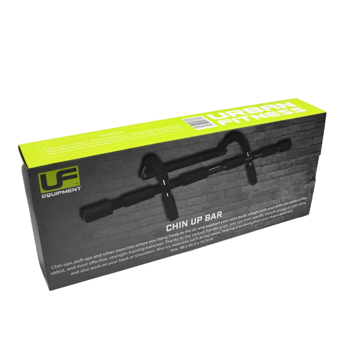 A green and black Urban Fitness box contains the Urban Fitness Chin Up Bar for home gyms, featuring a product image, description, brand logo, and fitness details printed on the front.