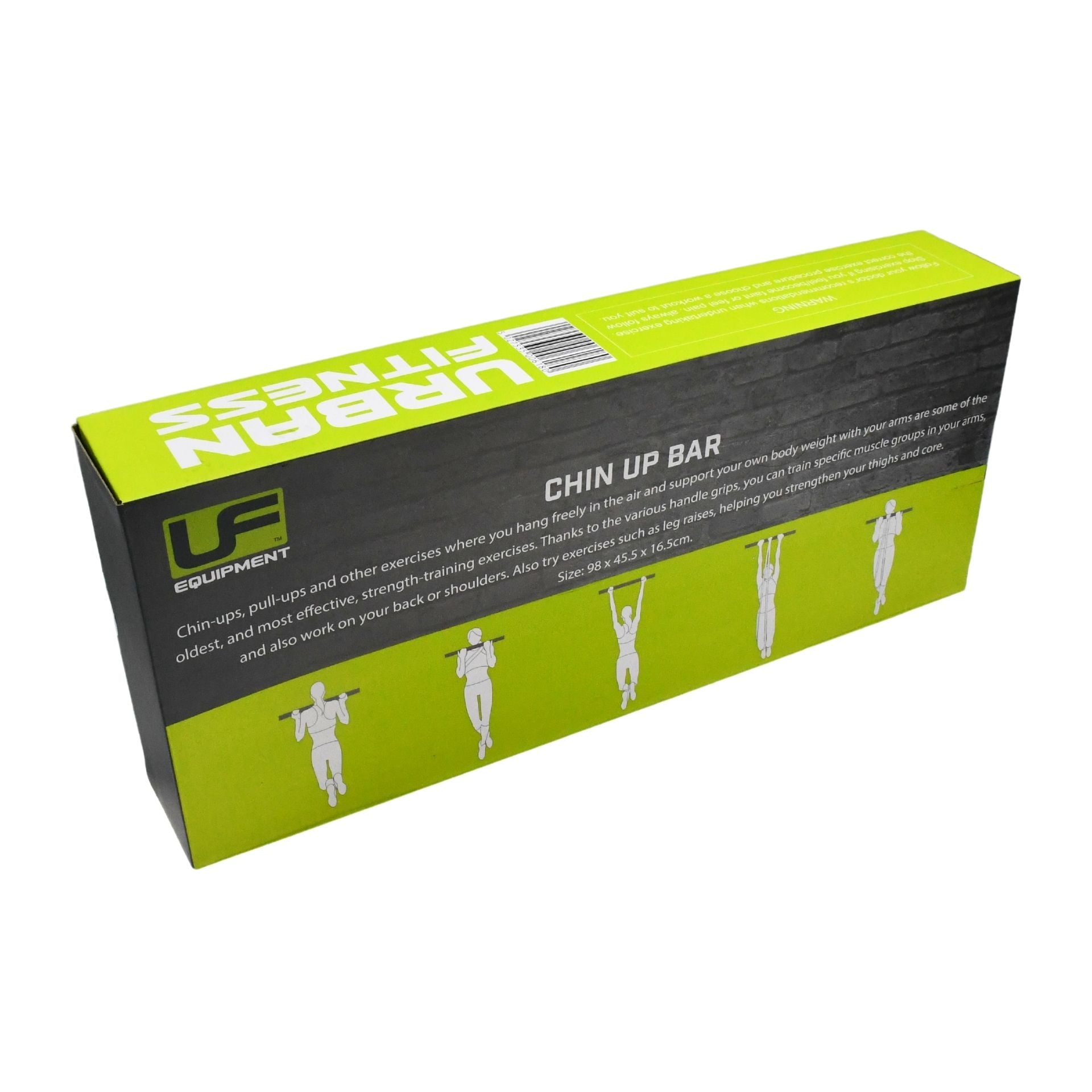 A green and black Urban Fitness box displays the Urban Fitness Chin Up Bar, showing people doing chin-ups and packaging details about its multifunctional use for chin-up and related home gym exercises.