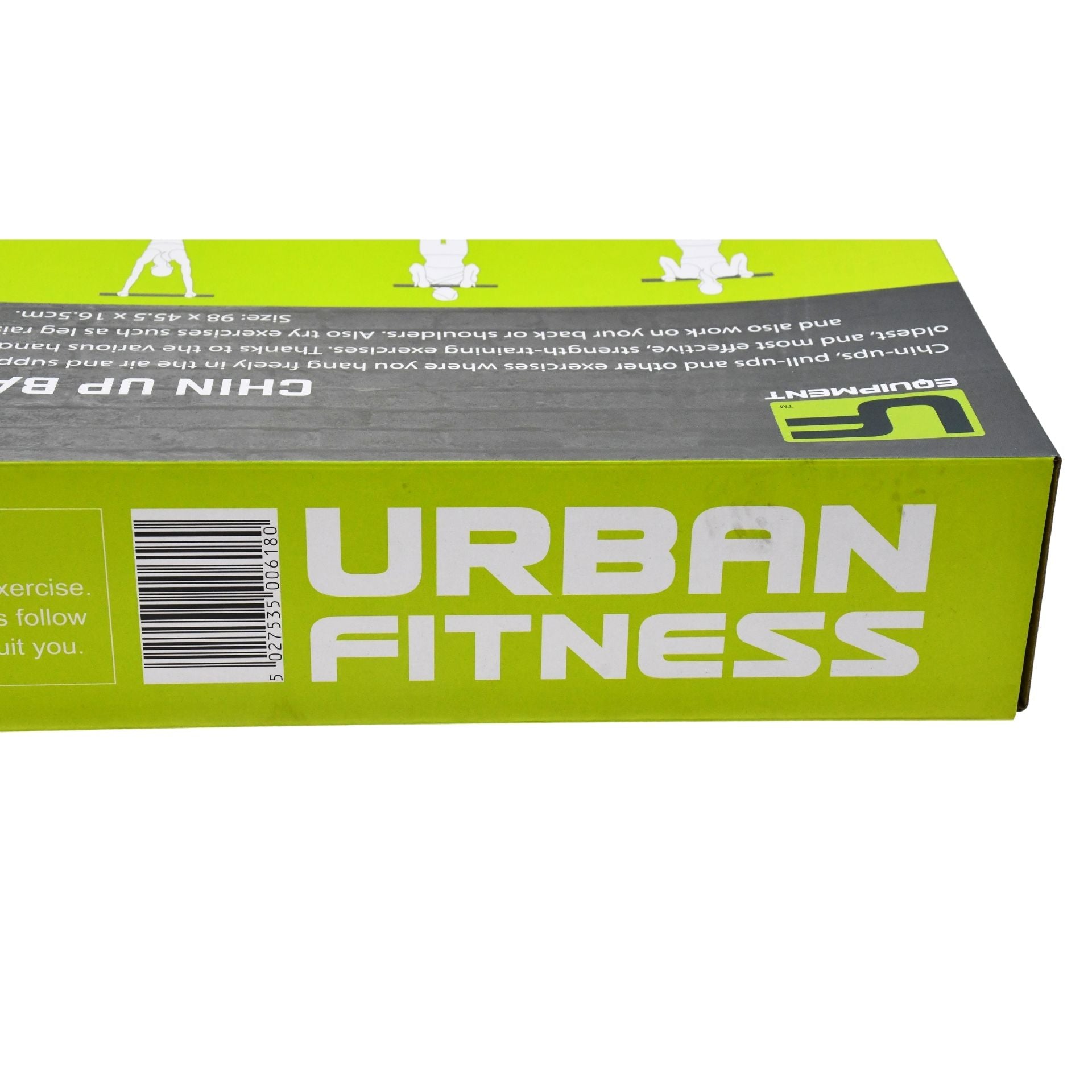 A close-up of a green and gray Urban Fitness box featuring the Urban Fitness Chin Up Bar, with a barcode and instructional illustrations, highlighting this multifunctional home gym exercise bar.